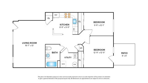 Floor plan for 2 beds, 1 bath, 1008 sqft